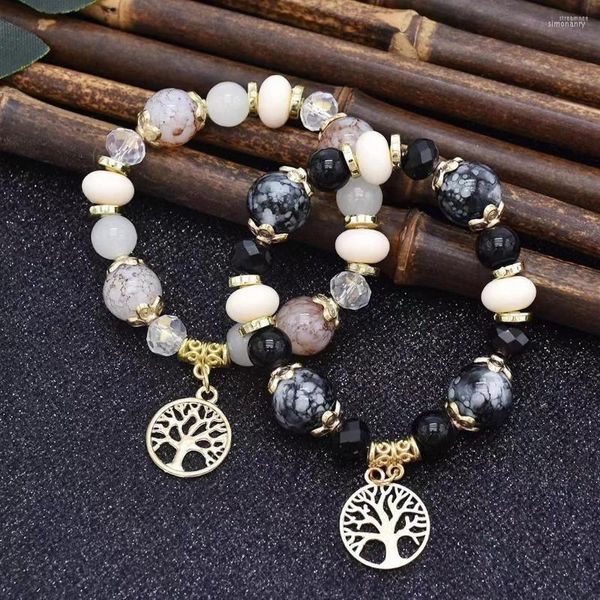 Strand Handmade Bracelets DIY Stone Natural Pattern Bead Elstic Rope String Hollow Liga Metal Pendant Party Gift Jewelry