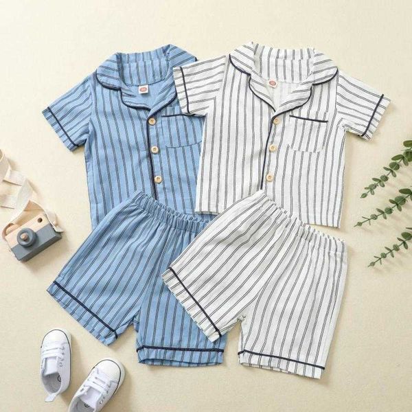 Kinder-Pyjama, Sommer-dünner Stil, kurzes Baumwollleinen für kleine Jungen, Baby-Heimkleidung, gestreiftes, bequemes Set, Kinderkleidung, Jungen-Sets