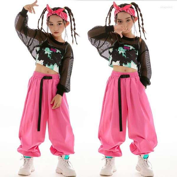 Stage Wear Modern Jazz Dance Roupes Black Net Crots Tops para meninas Calças de hiphop rosa Mangas compridas Costumo de hip hop Concerto BL9581