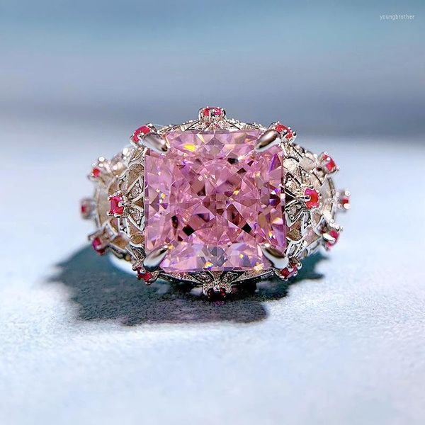 Cluster Rings S925 prata importada de alto carbono diamante oval 10 anel rosa para transmissão ao vivo feminina