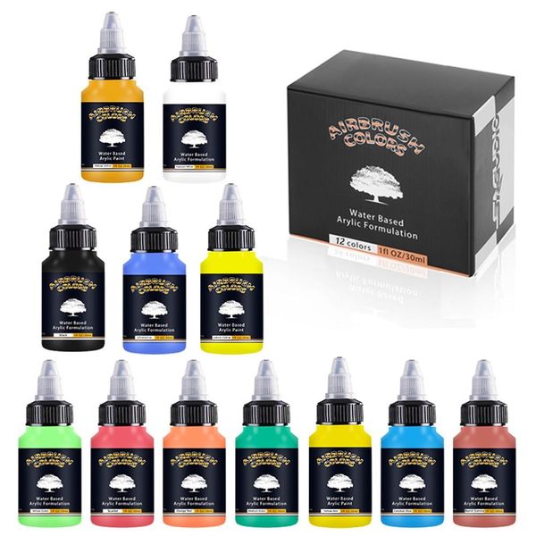 Set di 12 colori acrilici per cuscino, flaconi da 30 ml, impermeabili, a base d'acqua, pronti per l'aerografo, per modelli, scarpe, legno, tessuto, pelle