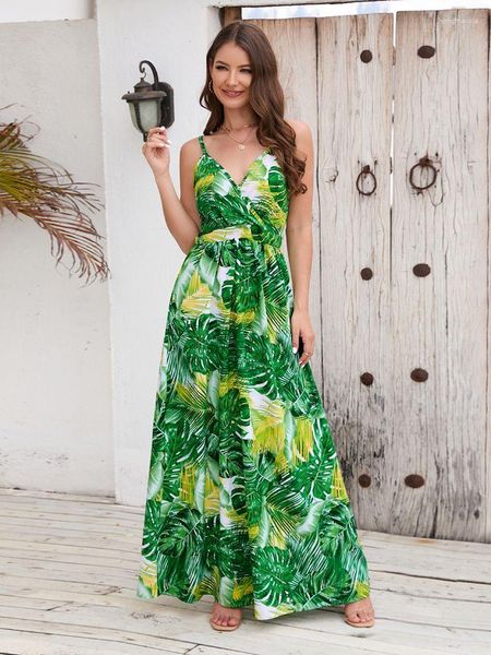 Vestidos casuais Roupas de férias femininas Estampa floral Alça espaguete Decote em V Festa na praia Sexy Longo Verão Boho Sling Vestido elegante feminino