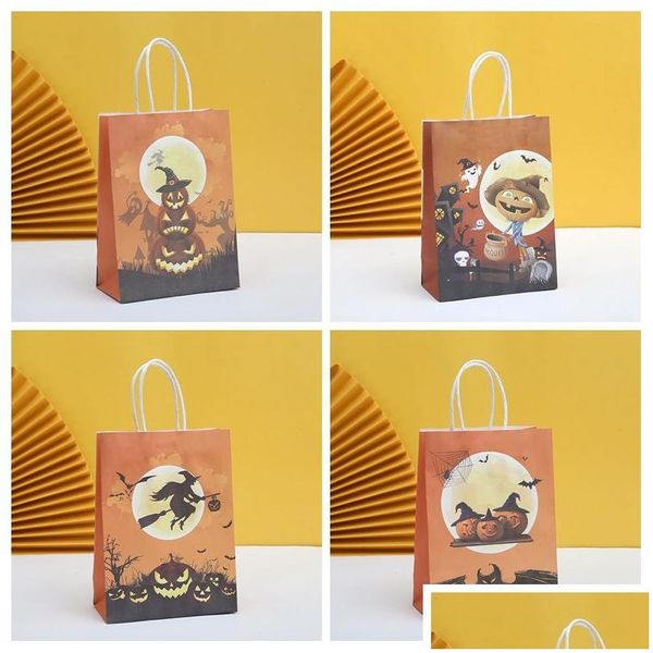 Embalagem para presente Halloween Sacos de doces Crianças Doçura ou travessura Abóbora Bolsas de bruxa Loja Papel Kraft Alças Embalagem de lanche Personalizável L Dhkg2