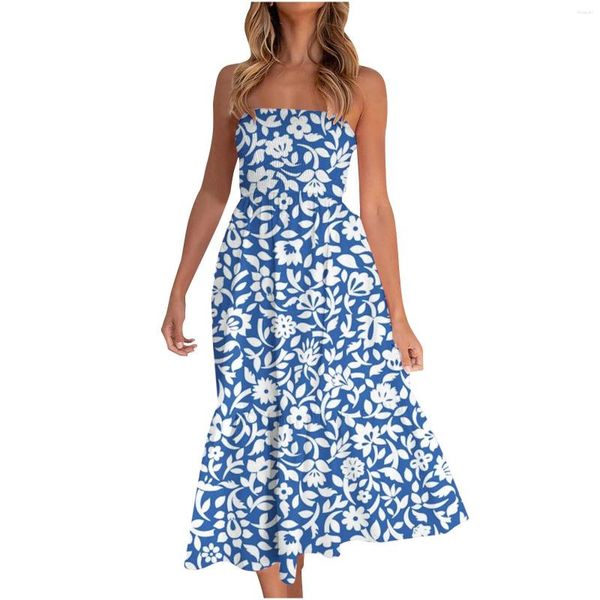 Lässige Kleider, Sommer, Bohemian-Stil, langes schulterfreies Kleid, Blumendruck, trägerlos, Party, Strand, fließendes Tageslicht, Röhrenoberteil, Mädchen