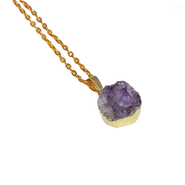 Colares com Pingente Pedra de Cristal Roxo Feminino Jóias Fofas 2023 Geode Druzy Pedras Cadeia de Ouro Rodada Banhado Conjunto de Bisel