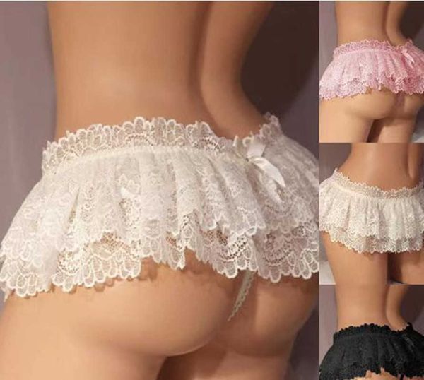 Outras Calcinhas Sissy Cueca Masculina Renda Cueca Babado Mini Saia Cordão Crossdress Traje Calcinha Saia fio dental Cuecas Gays