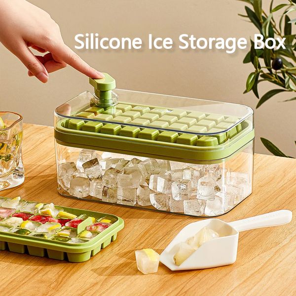 Neue Eiscreme-Werkzeuge, Eiswürfelform, Ein-Klick-Abfall, leicht zu lösende Silikon-Eisform mit 32 Mulden für Cocktail-Eiswürfelbereiter mit Aufbewahrungsbox, Eiswürfelform