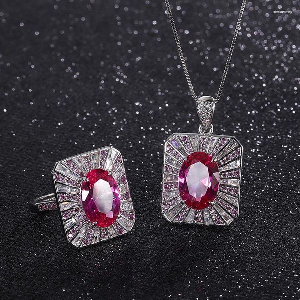 Collana Orecchini Set Vintage 10 14MM Ruby Rings Lab Gemstone Pendant Wedding Party Gift For Girlfriend Accessori all'ingrosso