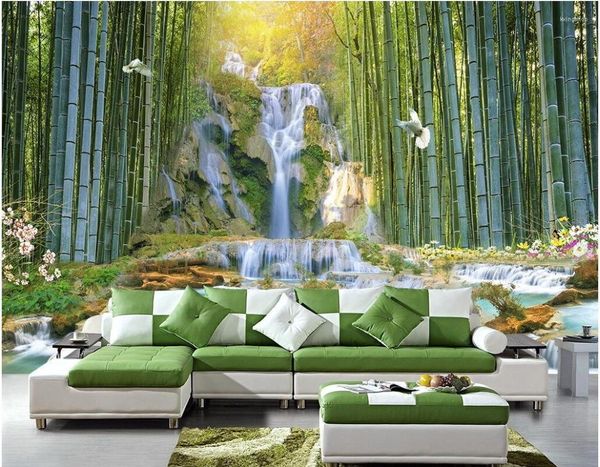 Обои 3d обои Бамбуковый водопад Парк Пейзаж Настенная живопись Пользовательские росписи Po Фрески для стен 3 D