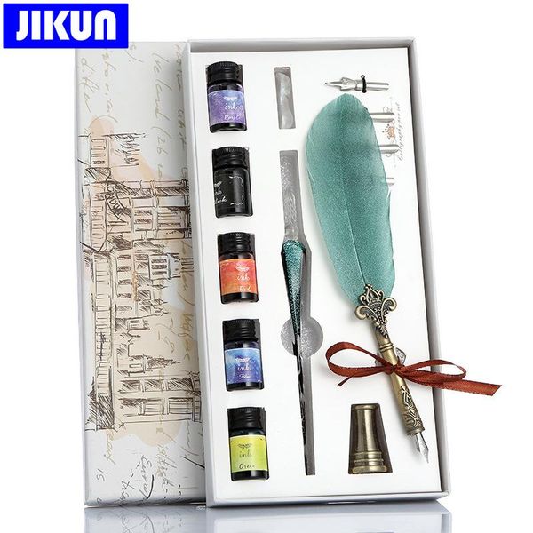Penne Jikun Crystal Glass Dip Pen Starry Sky Retro Vintage Calligraphy Funga Fontana Penne 5 Colori Set di scatole regalo Ink Writing Supplie
