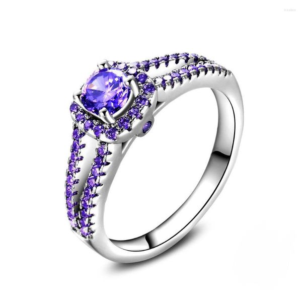 Cluster Rings 2023 Pruple Crystal Opal Ring Cut Purple CZ Engagement Plata Color Jewelry For Women Wedding Uomo Anelli Mujer