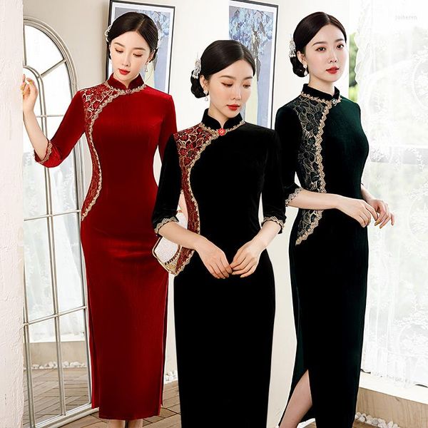 Etnik Giyim Qipao Elbise Modern Ince Çin Geleneksel Dantel Cheongsam Vintage Bölünmüş Kadife Elbiseler Kadınlar Için Düğün Parti 5XL