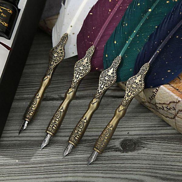 Penne Luxury Feather Dip Pen Set Vintage Sprinkling Gold Seal Seal Stamp Kit Calligraphy Writing Pen Pen Birthday Birthday Box Quill Quill