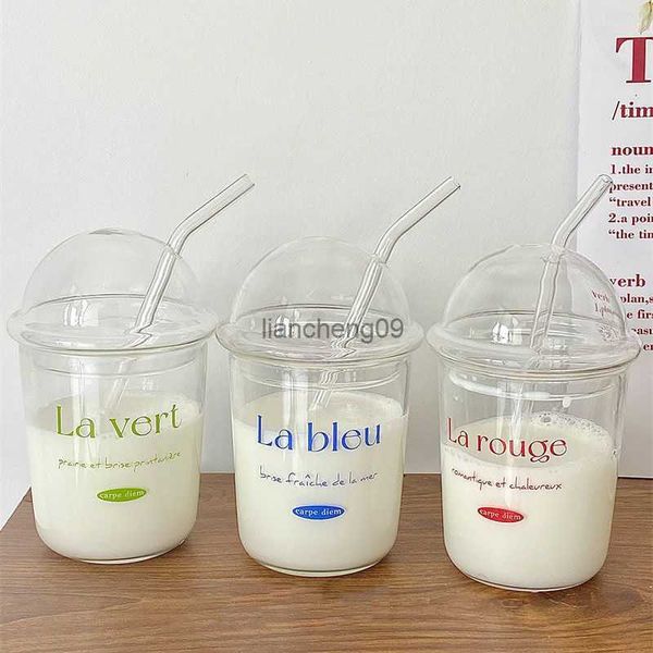 Ins Термостойкие стеклянные чашки Bobo во французском стиле со стеклянной соломинкой Большой емкости Прозрачный стакан для кофе с молоком и стеклянной крышкой L230620