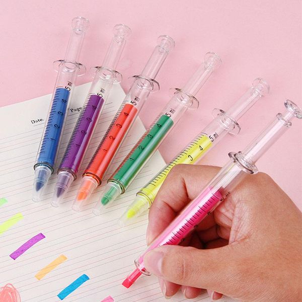 Canetas 100 pcs Papelaria Highlighters Fluorescente Agulha Tubo Forma Highlighter Marker Nite Writer Pen Criativo Seringa Canetas