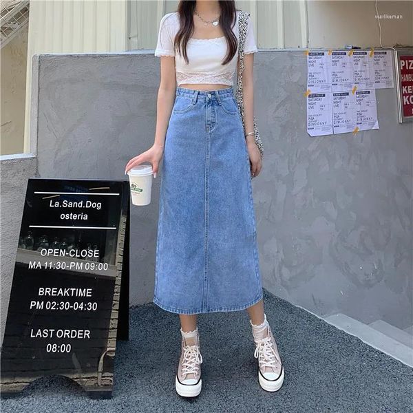 Röcke Frühling Sommer 2023 Denim Rock Retro Frauen A-line Lange Maxi Koreanische Stil Casual Hohe Taille Split Jean Q551