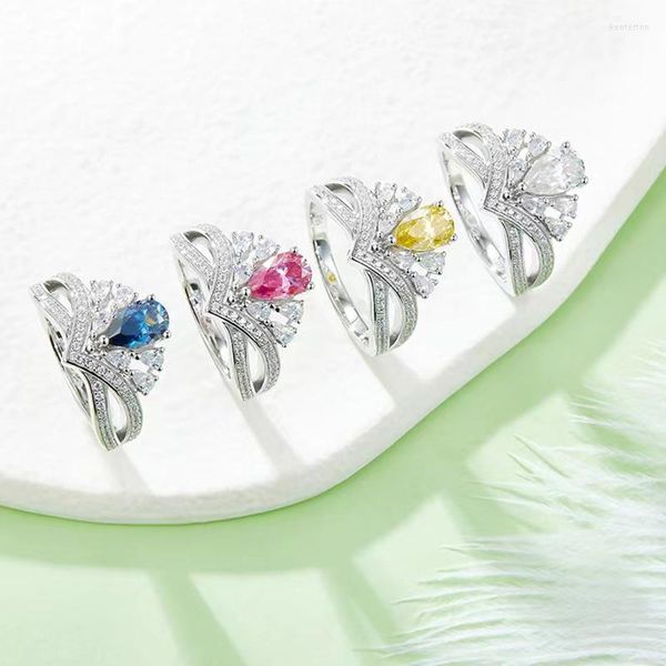 Cluster Rings 1CT Moissanite Diamond 925 Silver Girl's Ring com branco rosa amarelo azul pedra principal