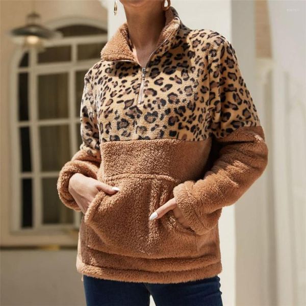 Moletons femininos em roupas casuais de inverno Feminino de manga comprida pulôver quente com estampa de leopardo costura suéter de pelúcia roupas femininas