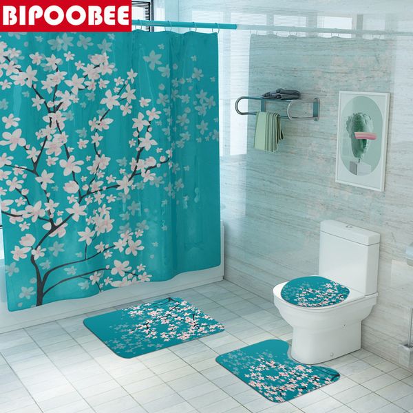 Занавески для душа Cherry Blossoms Print Fabric Набор занавесок для ванной комнаты Цветочные противоскользящие коврики Ковер Крышка крышки унитаза Наборы ковриков для ванной 230628