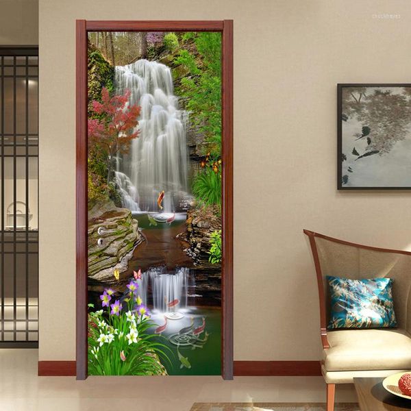 Sfondi PVC Autoadesivo Impermeabile Carta da parati Po 3D Cascate Natura Paesaggio Murales Soggiorno Studio Adesivo per porta 3 D Decorazioni per la casa