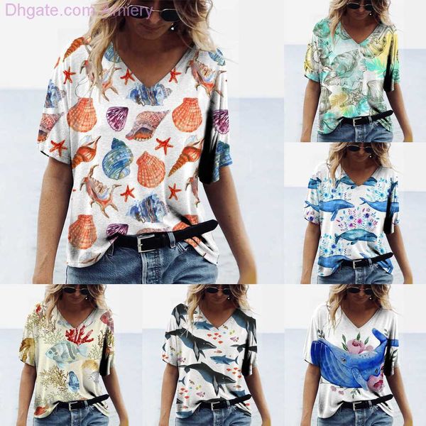 2023 Novas Camisetas Femininas Tops Tee Senhoras Oceano Moda Casual Manga Curta Impressão Digital Decote em V Top de Verão Camisetas Roupas Femininas Camisas