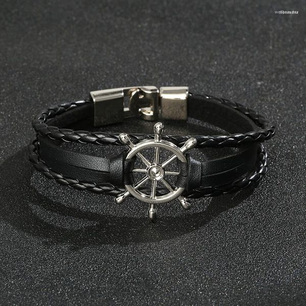 Strand Ships Wheel Jewelry Rudder Кожаный браслет Морские подарки для мужчин