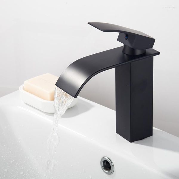 Badezimmer-Waschtischarmaturen, Wasserfall, hoher Waschbecken-Wasserhahn, Mischbatterie, schwarzes Spray, quadratischer Mono-Edelstahlkörper, Griff aus Zinklegierung