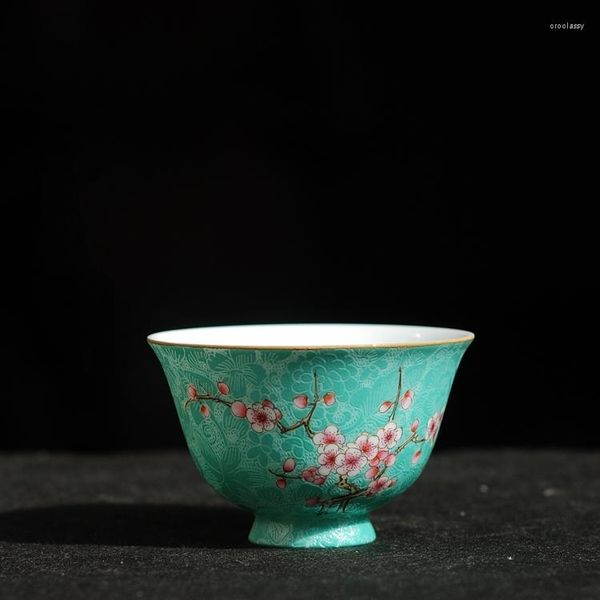 Tazze Piattini Spot Goods Fiori incisi Pastel Rolling Road Plum Blossom Tazza da tè Ciotola in ceramica dipinta a mano con contorno dorato