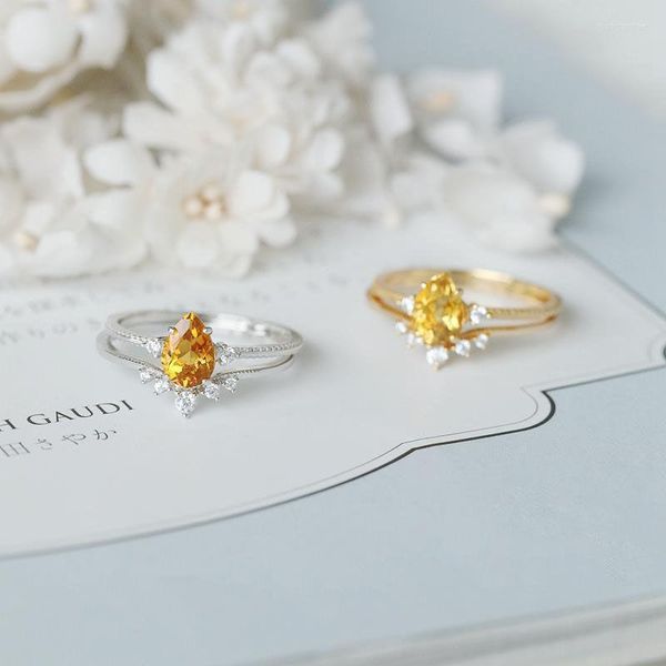 Cluster Anéis Prata Esterlina 925 Banhado A Ouro 14K Cristal Amarelo Zircônia Anel De Empilhamento Retrô Francês Festa De Casamento Jóias De Luxo Para Mulheres