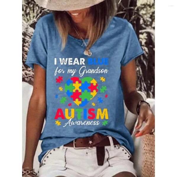 Camiseta feminina Rheaclots feminina I Wear Blue For My Neto Autismo Awareness Love Puzzle Print Camiseta de manga curta com decote em V