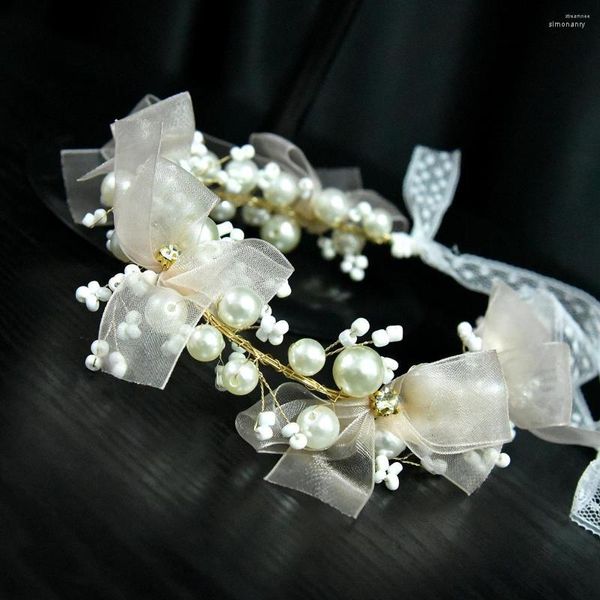 Fermagli per capelli fatti a mano fiocco rosa chiaro fiori fascia nastro di perle filato fasce per capelli da sposa copricapo da spettacolo per le donne diademi gioielli