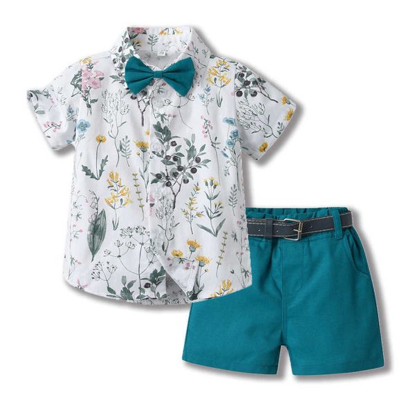 Kleidung Sommer Kinder Revers Baumwolle Hemd Schleife Kurzarm Strickjacke Jungen Shorts Zweiteiliges Set mit Gürtel als Geschenk Kinderkleidung