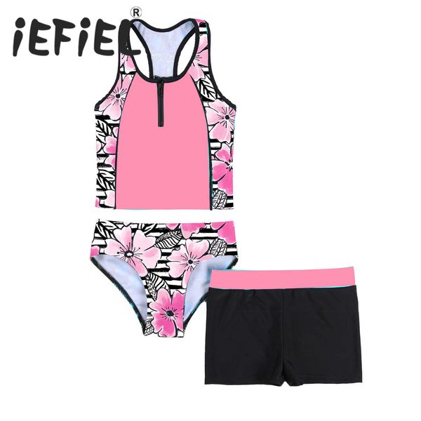 Badebekleidung 4–16 Jahre Kinder Mädchen Tankini-Set 3-teilig mit Blumendruck Sevess Racerback Tank Weste Shirt Short und Bikini Triang Bademode HKD230628