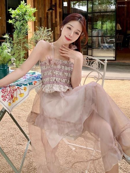 Abiti casual 2023 Magh estiva Sweet Ruffle Party Dress Femmina Elegante asimmetrica Pink Beach Beach Design Strap Vestidos