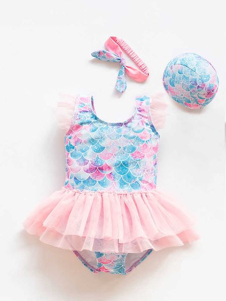 Badebekleidung 2021 Neue Mädchen Baby Meerjungfrau Badeanzug Prinzessin Mode Cartoon Fisch Sca Print Balt Dance One Piece Kinder Pailletten Tul Badeanzüge HKD230628