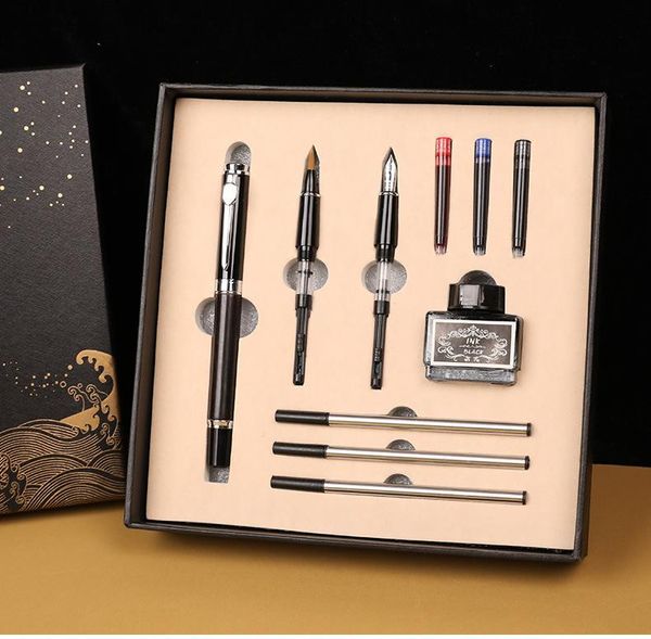 Caixa de caneta de caneta de caneta 3in1 de luxo Caixa de presente multitip de estilo chinês de madeira sólida ebano de madeira de rosa de panela de mogno com tinta com tinta