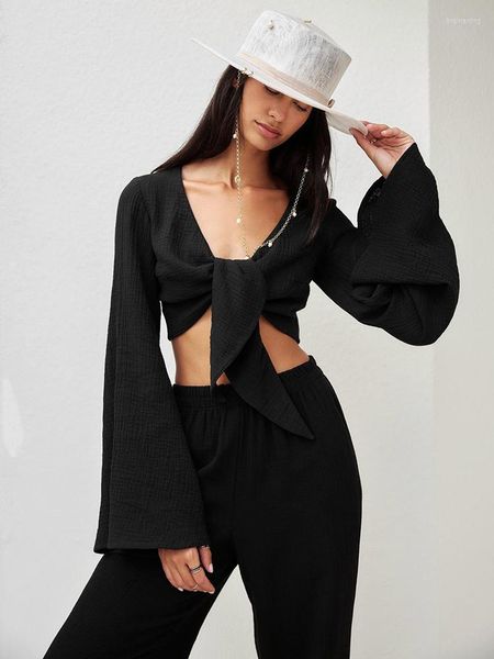 Indumenti da notte da donna Hiloc Flare manica lunga in pigiama di cotone nero da donna per le donne Crop Tops Lace Up Loose Home Suit Set Fashion