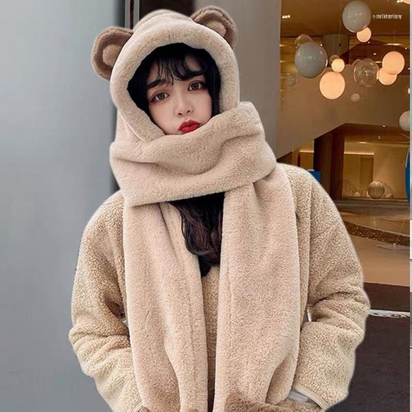 Шарфы 360 г кашемир утолщенный имитация волос шарф шапка перчатка из трех частей женский морозостойкий и теплый медведь