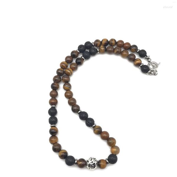 Gargantilha Natural Gem Frisada Olho de Tigre 316 Colar de Aço Inoxidável Masculino Mala Yoga Contas Aura Jóias para Homens e Mulheres