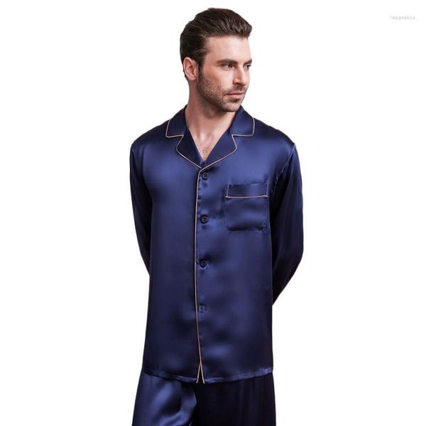 Мужская пижама, мужские пижамы из натурального шелка, мужские весенне-летние футболки с длинными рукавами, штаны, пижамные комплекты из двух предметов, мужские пижамы тутового шелкопряда