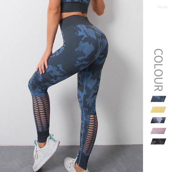 Pantaloni attivi Camouflage Yoga Women Mesh Hole Traspirante Morbido Pancia stretta Sollevamento glutei Leggings Fitness Corsa Abbigliamento sportivo