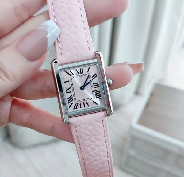 24mm paio di orologi da serbatoio in pelle rosa orologio geometrico rettangolare con puntatore blu orologio da polso da donna al quarzo da uomo con numero romano