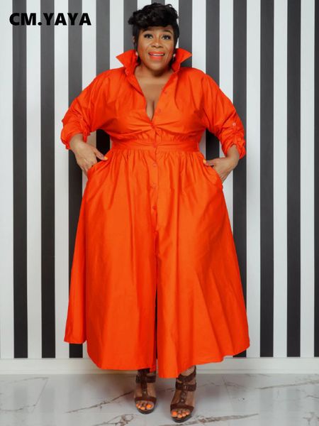 Plus Size Kleider CMYAYA Vintage Größe Frauen Einreiher Revers Kragen Langarm Big Swing Shirt Mode Maxi Smock Kleid Vestidos 230627