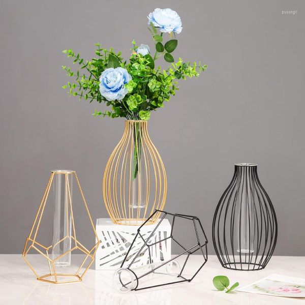 Vasi 1Pc Nordic Glass Iron Geometric Hydroponic Vase Minimalista Home Desktop Decorativo Scava fuori vaso di fiori