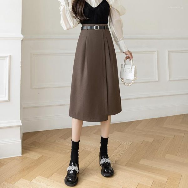 Röcke Mode Asymmetrischer Midirock Frauen Herbst Hohe Taille A-Linie Lange Japan Stil Damen Elegant