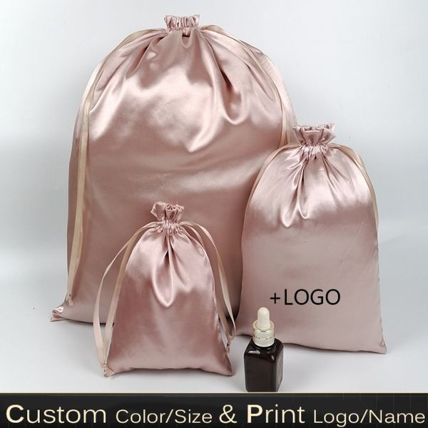 Embalagem para presente 20 pçs Rosa ouro Seda Sacos de presente Cetim Cordão Bolsa Maquiagem Sapatos Roupas Peruca Cabelo Virgem Cosméticos Embalagem Bolsa Armazenamento Impressão 230627