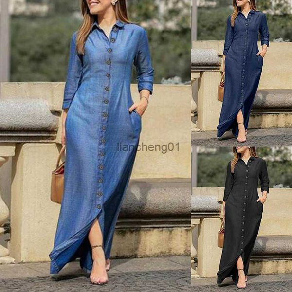 Camisa Gola Longa Vestido Denim Senhoras Vestido De Cor Sólida Nova Saia Denim Longa Mom Saia Primavera Verão Casual Vestido Longo Vintage L230619