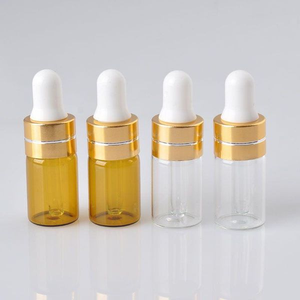 Frascos conta-gotas de vidro mini 3ml 5ml claro âmbar vazio display de óleo essencial para frascos de amostra líquida e com tampas douradas topo de borracha efgrm