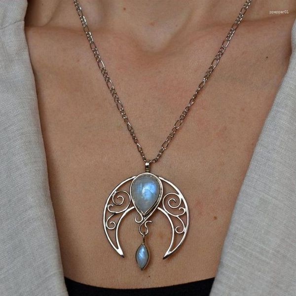 Anhänger Halsketten Vintage Silber Farbe Halbmond Halskette Für Frauen Intarsien Mondstein Mond Geometrische Hohl Kette Schmuck Geschenke