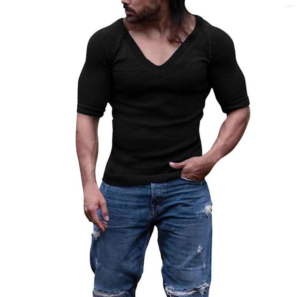 Calça masculina verão fino decote em v cor sólida estilo fino manga curta esportes microfibra camisetas para homens camisa longa masculina